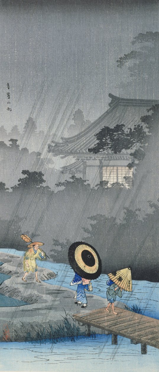 Tre figurer i regnet (trätryck i färg) av Takahashi  Hiroaki