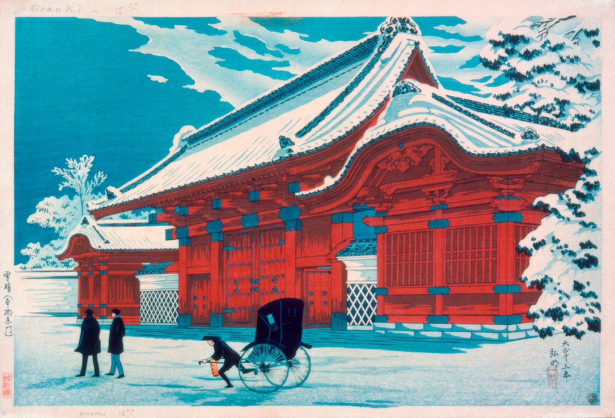Den röda porten av Hongo i snön av Takahashi Hiroaki