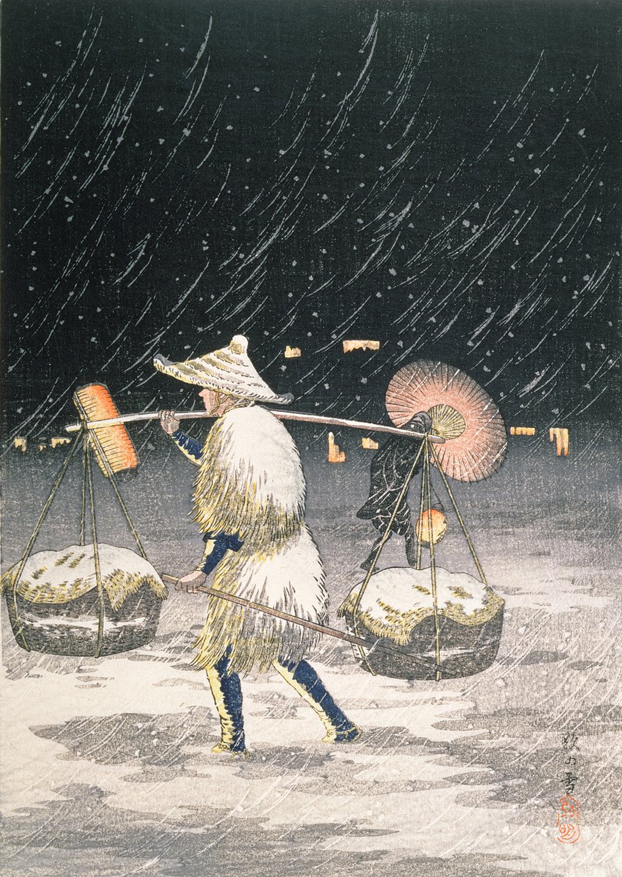 Night Snow, ca 1930-talet (trätryck i färg) av Takahashi Hiroaki