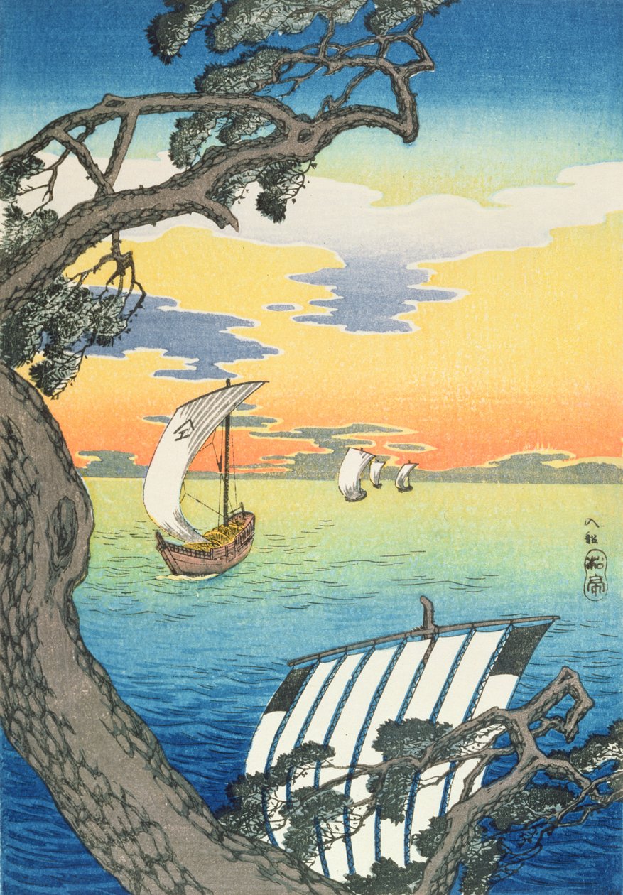 Återvändande båtar, ca 1930-talet (färgsnitt) av Takahashi Hiroaki