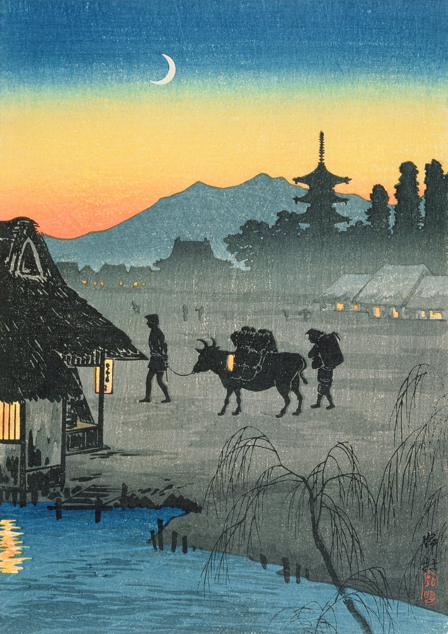 Returning to the Village, 1930-talet (trätryck i färg) av Takahashi Hiroaki