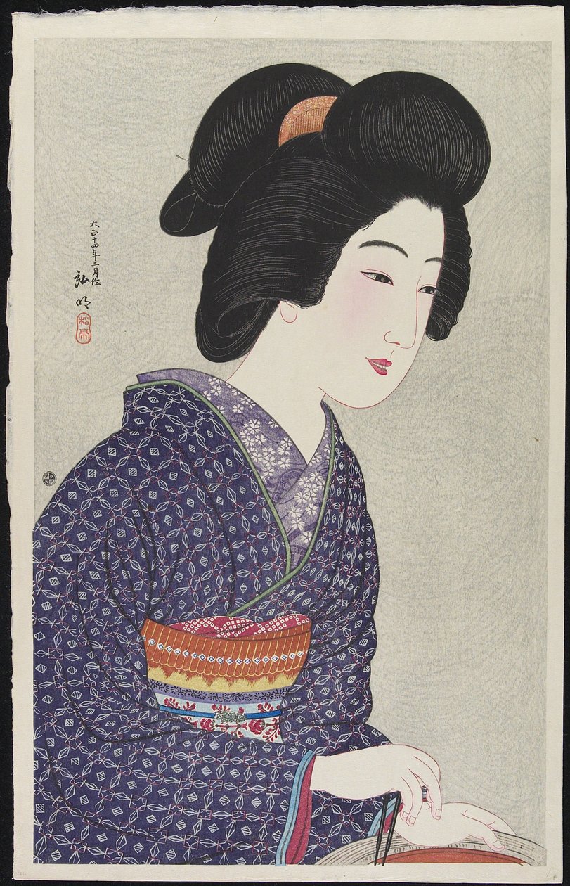 Kvinna som sitter vid en brännare, februari 1925 av Takahashi Hiroaki