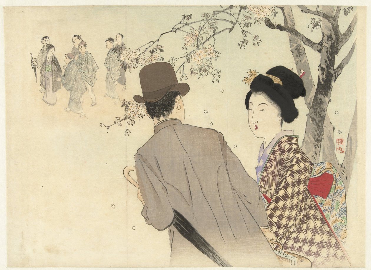 Man med bowlerhatt och paraply och dam i kimono av Takeuchi Keishū