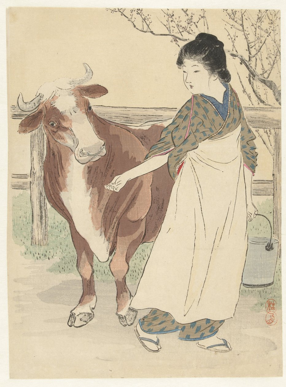 Milkmaid med ko av Takeuchi Keishū