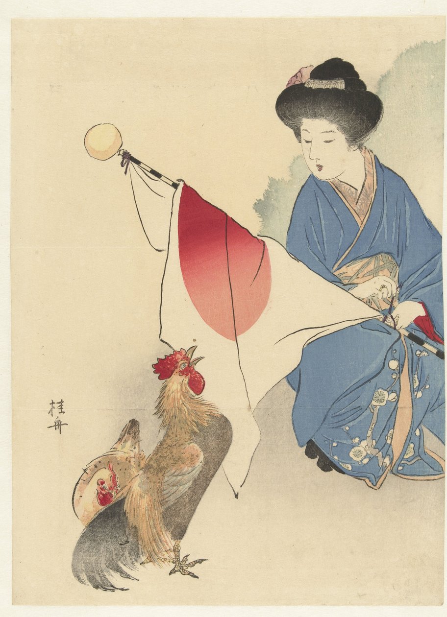 Kvinna med japansk flagga och en tupp av Takeuchi Keishū