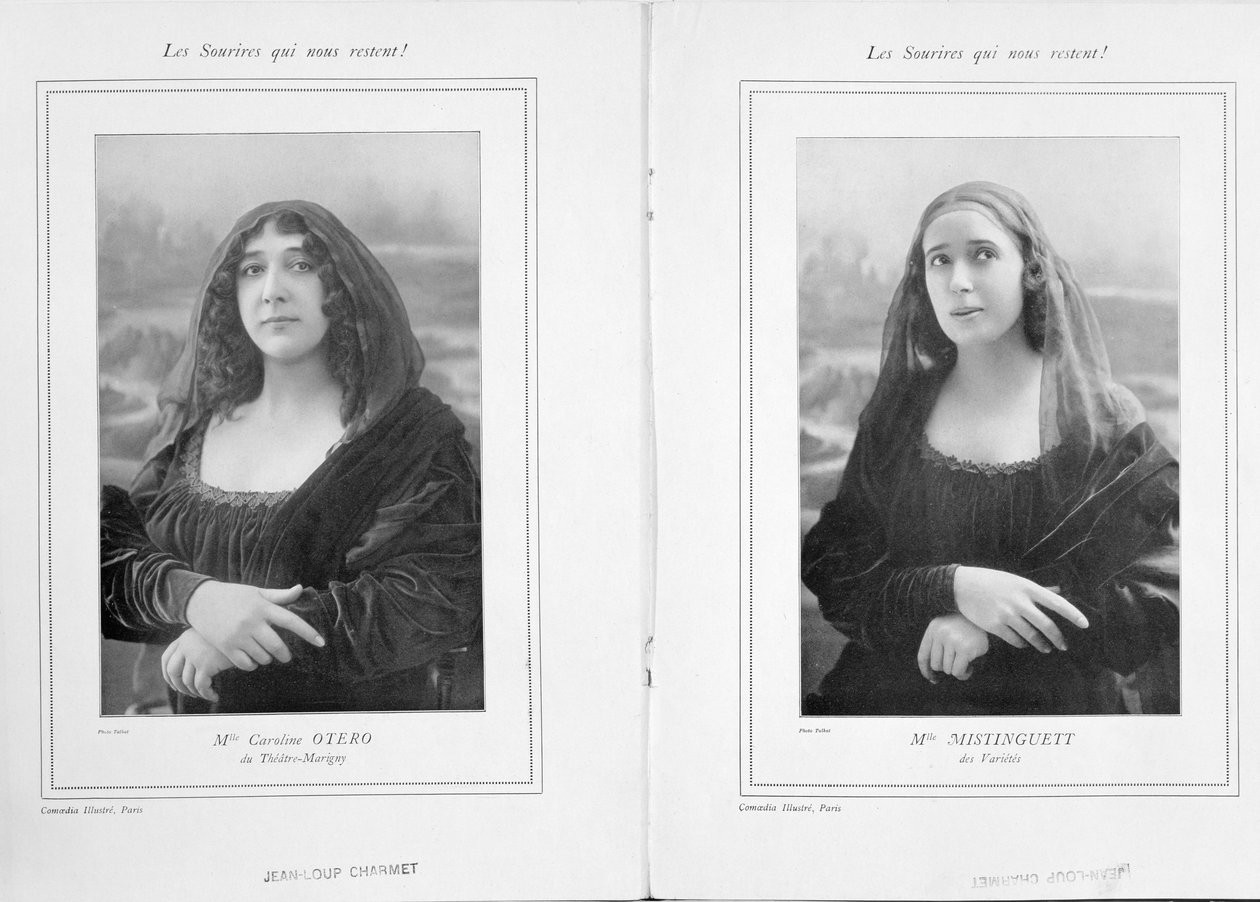 La Belle Otero och Mistinguett som Mona Lisa, från en artikel Les Sourires qui Nous Restent i Comoedia Illustre, 1911 (bw foto) av Talbot