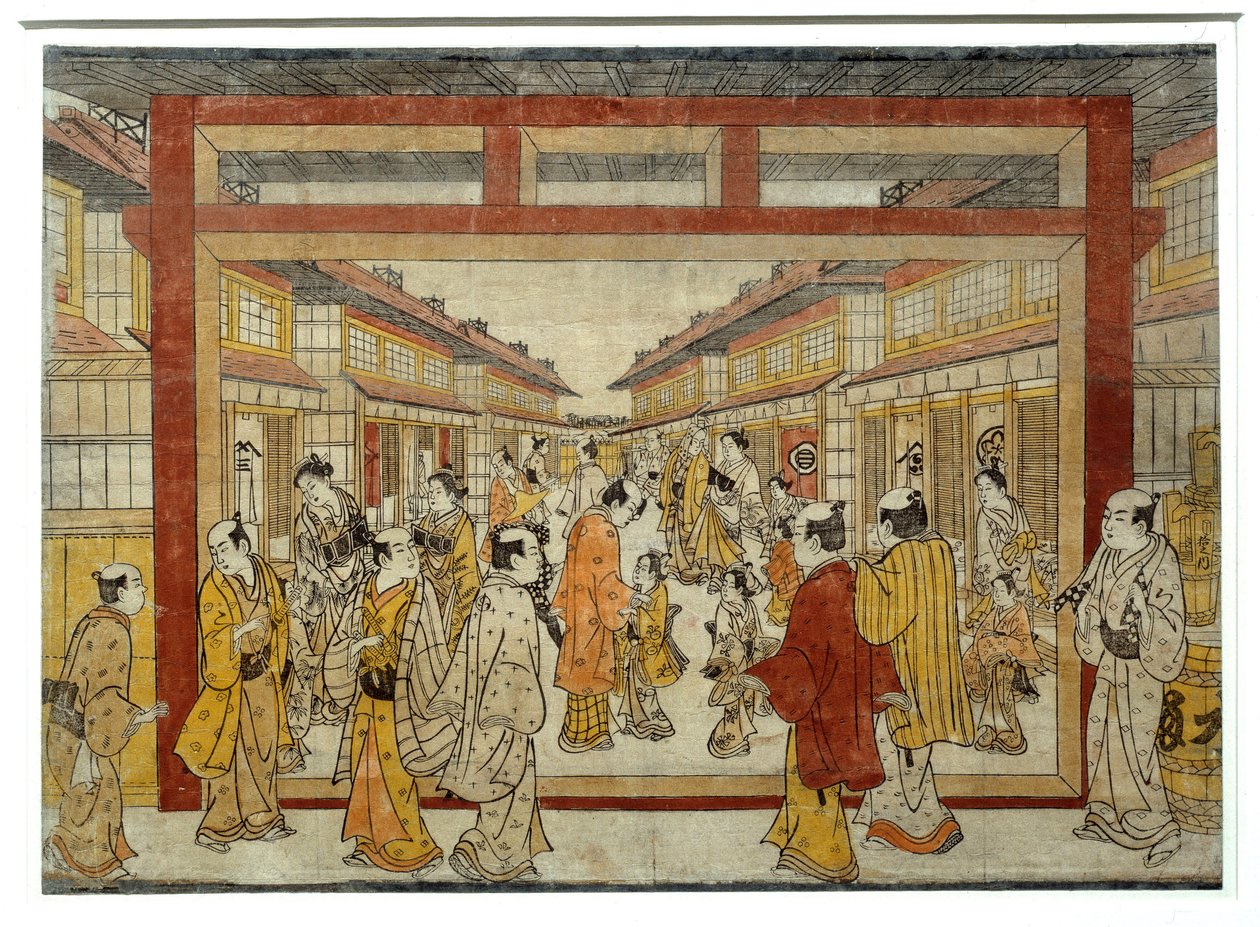 Perspektivvy av Nakano-Cho. Japanskt tryck av Masanobu Tanaka, verksamt mellan 1741 och 1748, Ukiyo-E-stil. Paris, Musée Guimet av Tanaka Masunobu