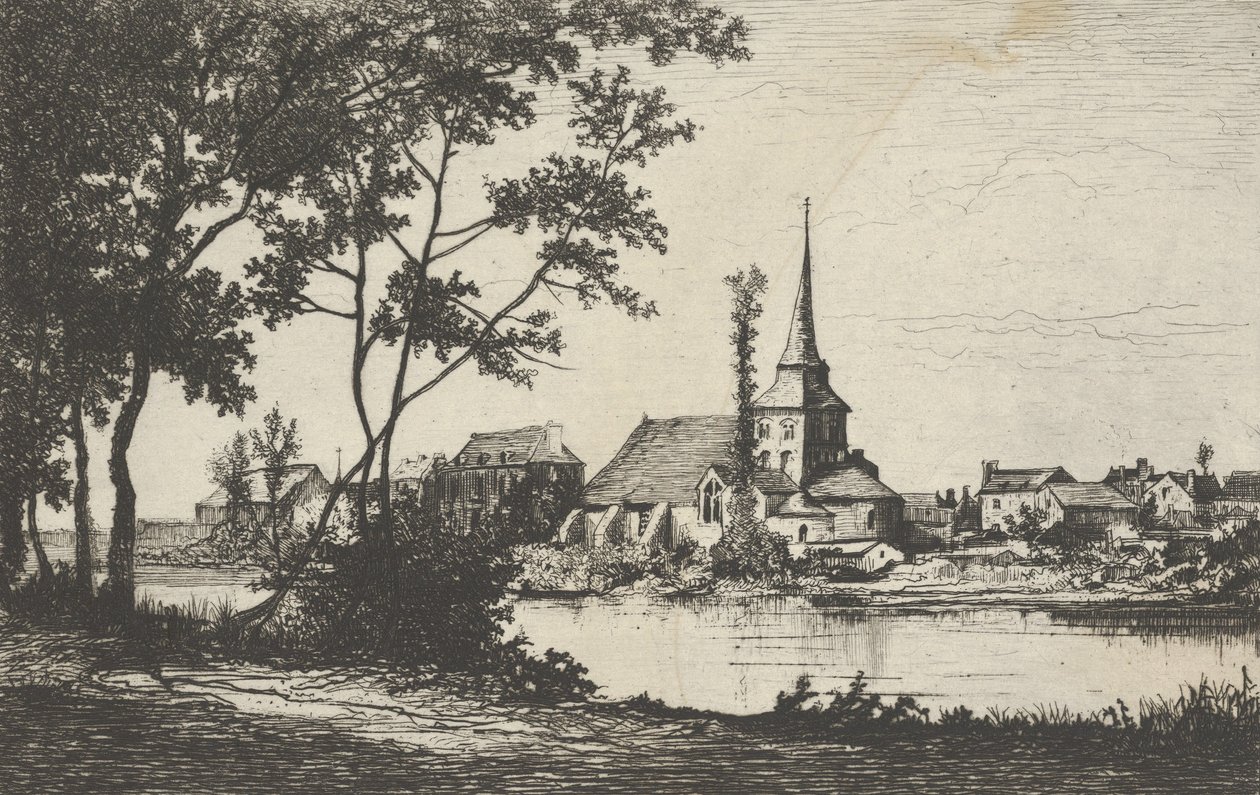 Stad med en kyrka över en flod, 1800-talet. av Tancrède Abraham