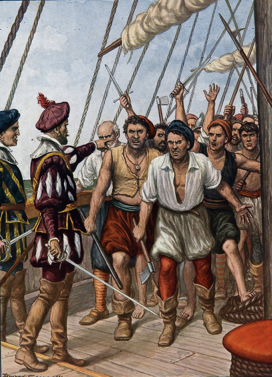 Myteriet mellan besättningen på den portugisiska Flor de La Mar, mot deras general, Afonso de Alberquerque ca 1511, illustration från "Sjöfararnas historia", 1936 av Tancredi Scarpelli