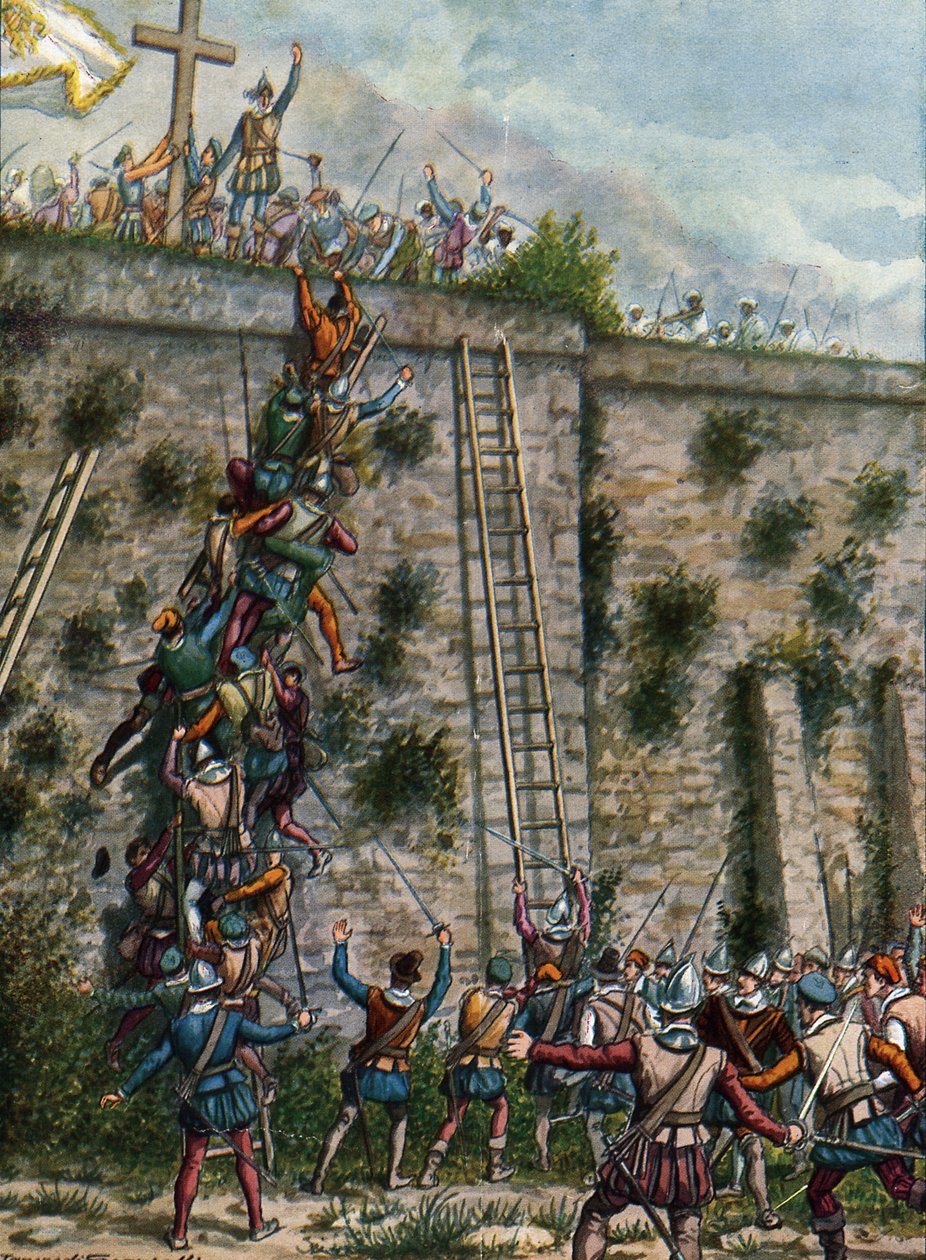 Soldaterna från Afonso Albuquerque attackerade Aden i februari 1513, illustration från Navigators historia, 1936 av Tancredi Scarpelli