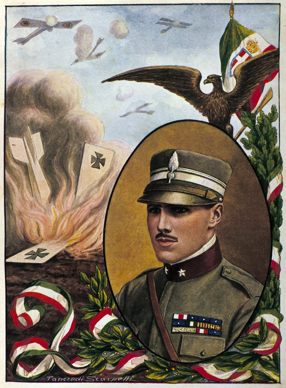Allegori om major Francesco Baracca (1888-1918) hjältar från det italienska flygvapnet som dog i strid 1918. Teckning av Tancredi Scarpelli. Milanese . av Tancredi Scarpelli