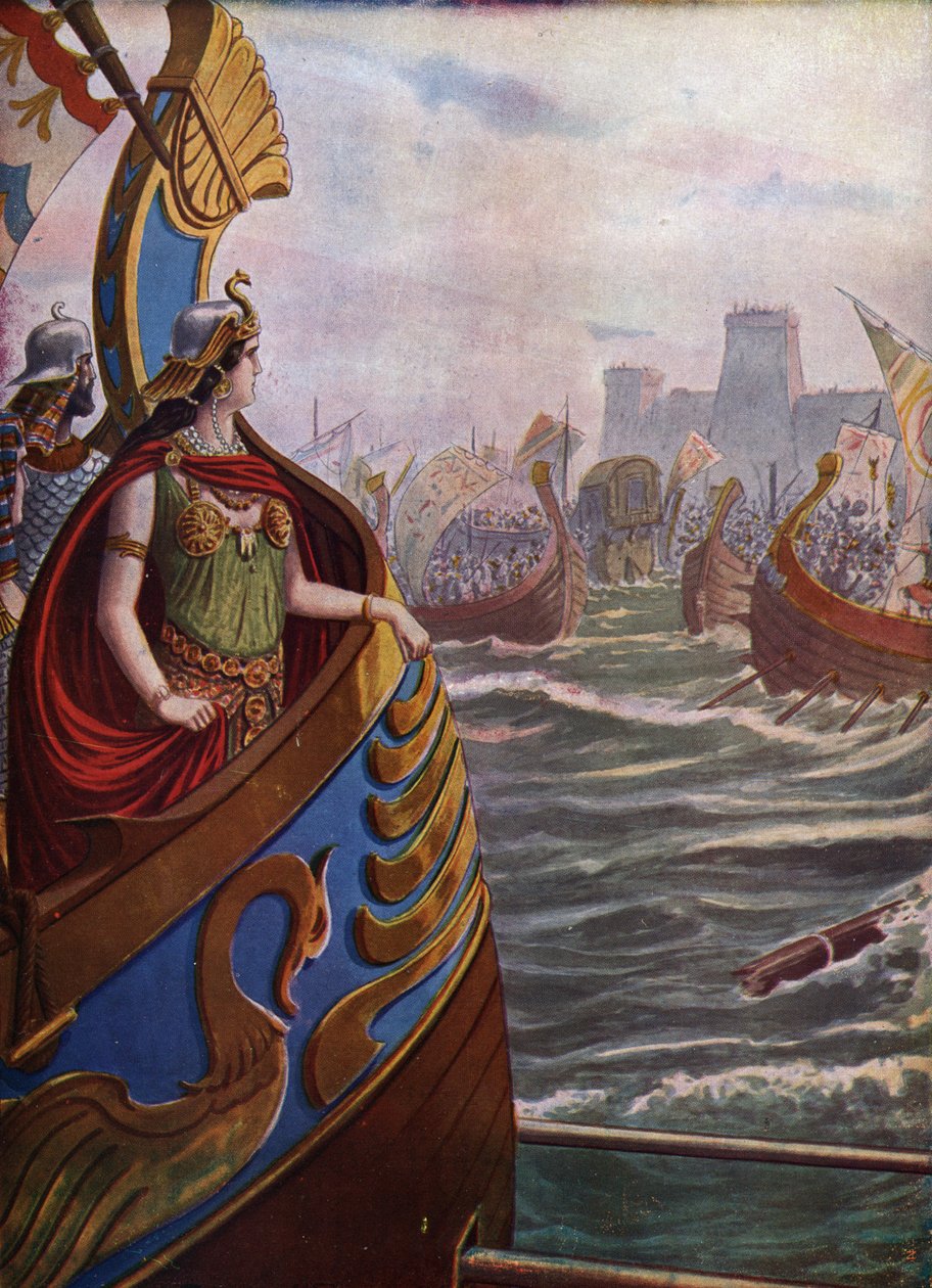 Antikvitet, romerskt inbördeskrig: Egyptiska drottningen Cleopatra VII Thea Philopator (69-30 f.Kr.) vid slaget vid Actium i Ambracic-bukten den 2 september 31 f.Kr. mot Octave of Actiums flotta, av Tancredi Scarpelli