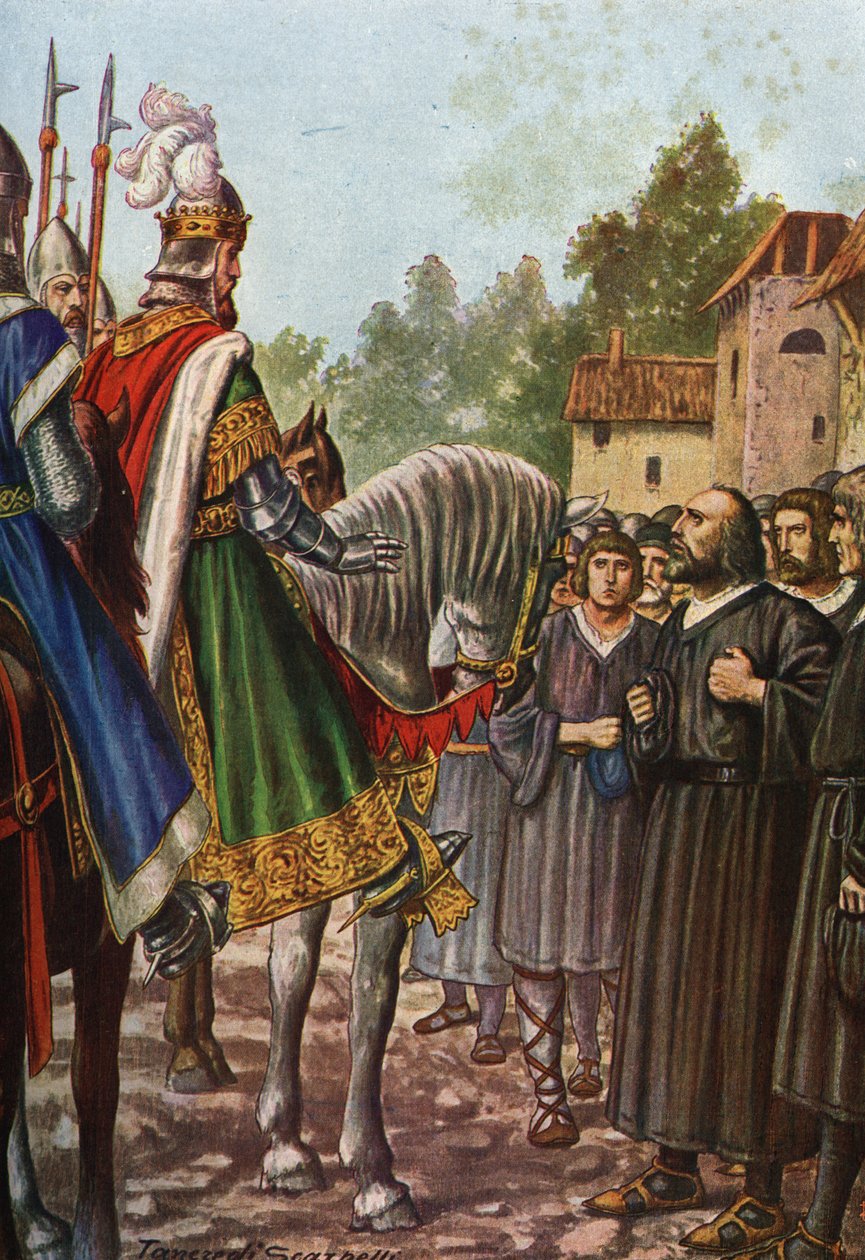 Kejsar Frederic I Barberossa (1122-1190) passerar på sin andra resa till Italien 1158 floden Adda och möter folket i Lodi som ber honom att få tillbaka sitt territorium. Tancredi Scarpelli (1866-1937) från "Storia d