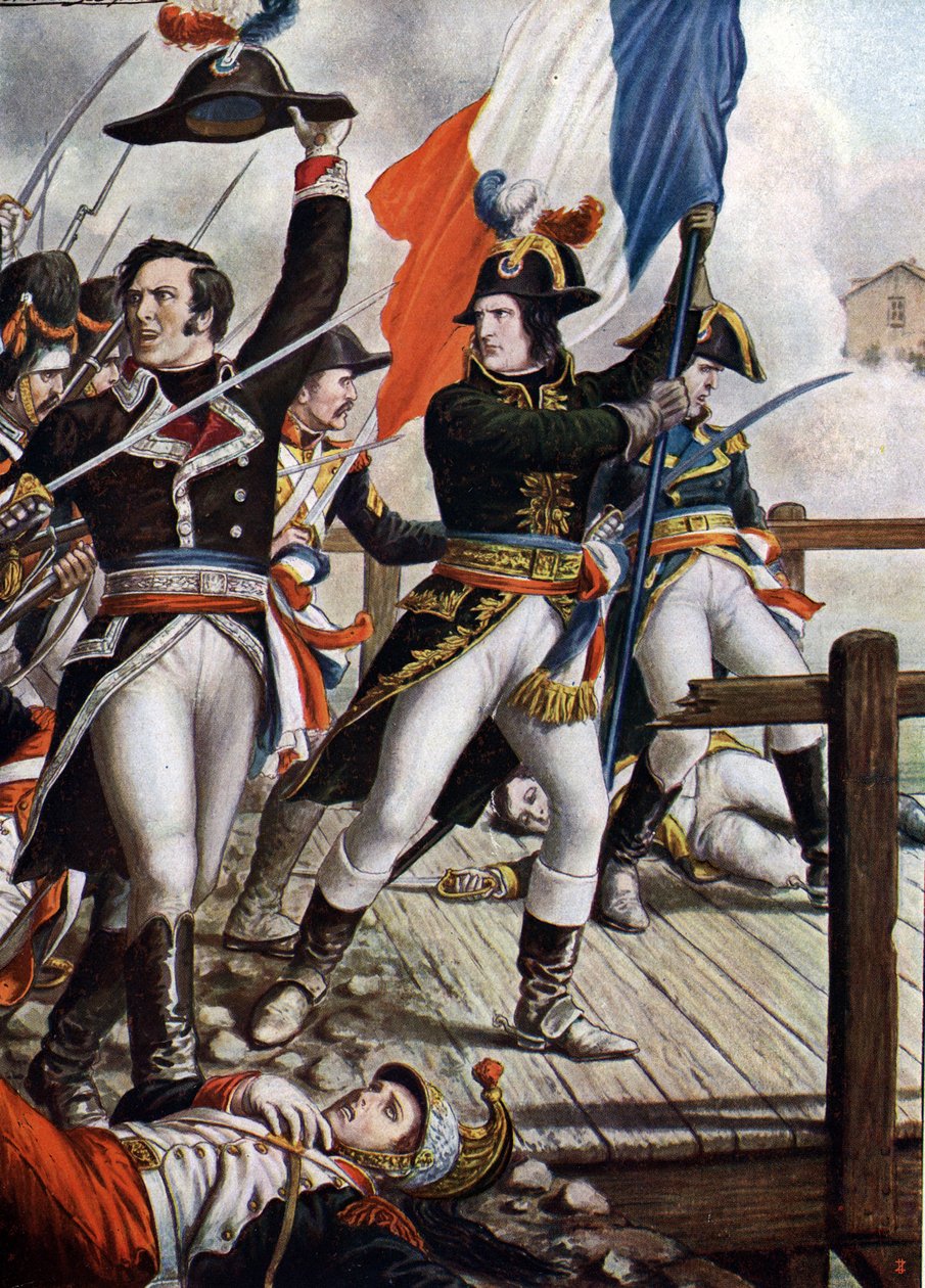 Första italienska kampanjen: Napoleon Bonaparte (1769-1821) vid slaget vid bron över Arcole, november 1796” (Napoleon Bonaparte under slaget vid bron över Arcole (Arcola), november 1796) Illustration av Tancredi Scarpelli (1866-1937) från "Storia av Tancredi Scarpelli