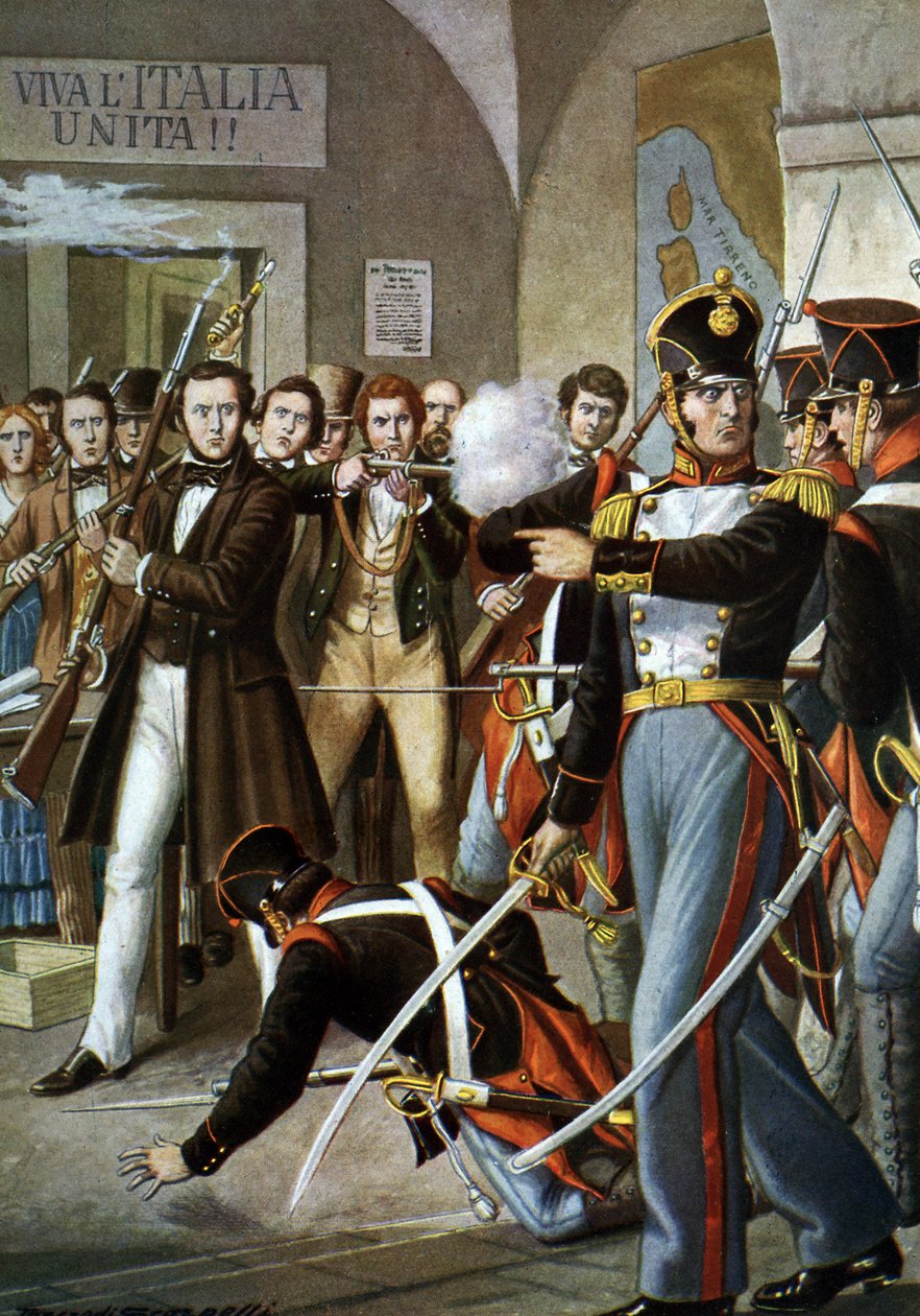 Upprorsrörelser 1830: Arresteringen av Ciro Menotti (1798-1831) Italiensk patriotmedlem av Carbonari-rörelsen (Carboneria, Coalwork) a Modene, 1830, Italien” (Anfall på Ciro Menottis hus under revolten i Modena, Italien 1830) Illust av Tancredi Scarpelli