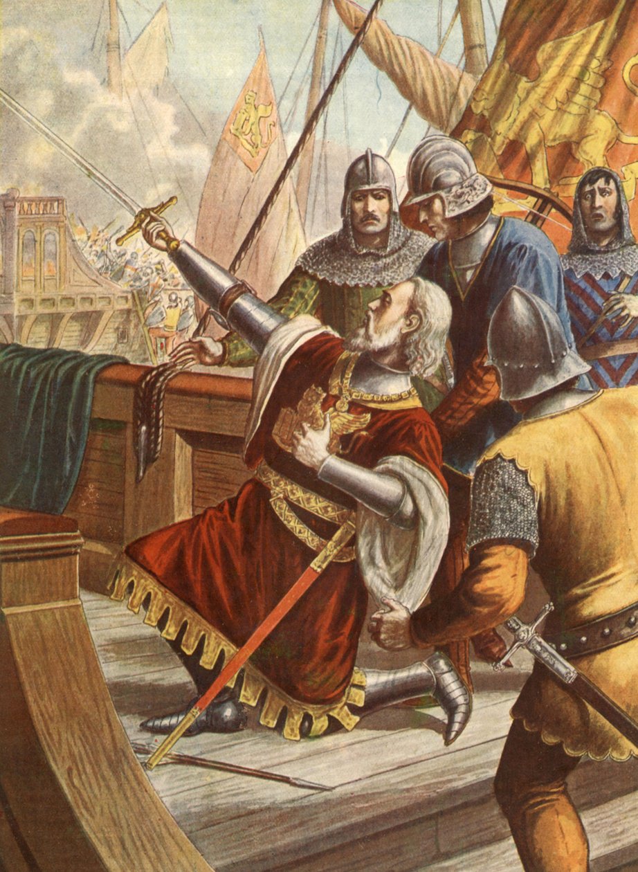 Italienska amiralen Luciano Doria dödad 1379 under kriget mellan Genua och Venedig, illustration, 30-tal av Tancredi Scarpelli