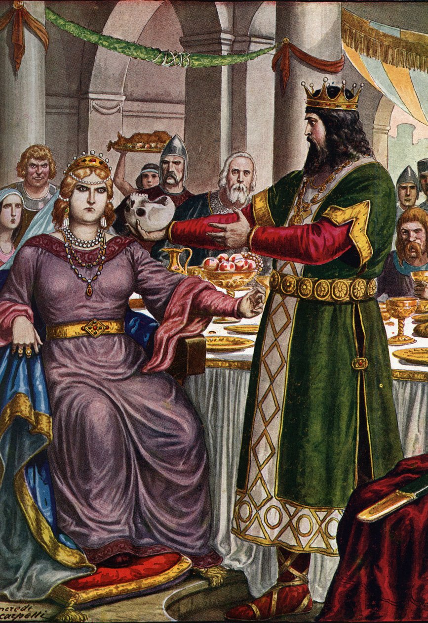 Den langobardiska kungen Alboin (cirka 526-572) tvingar sin hustru, den gepidiska prinsessan Rosemonde (död 572) att dricka ur en bägare formad av hans fars skalle Cunimond vid en bankett i Verona, Italien (Rosamund (eller Rosamunde) och hennes man Alboin, av Tancredi Scarpelli