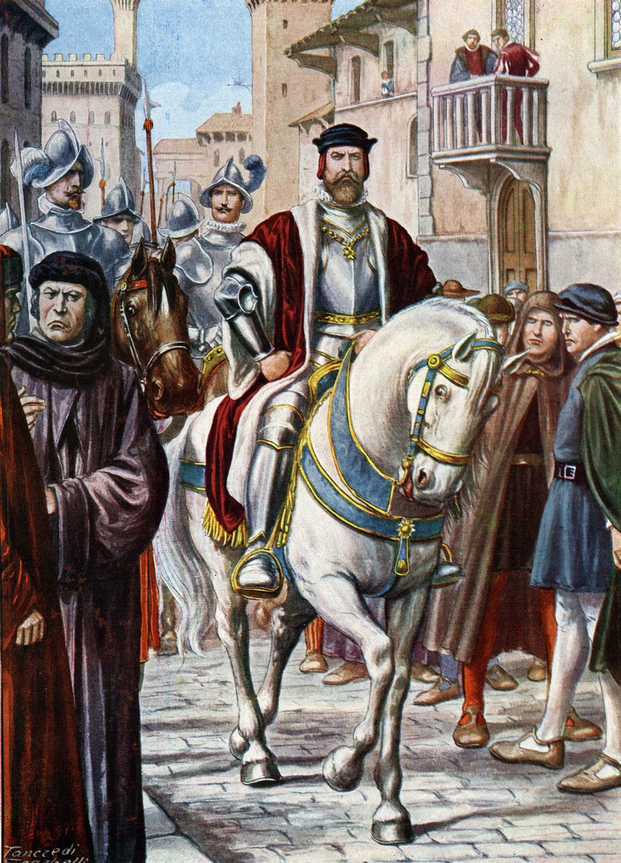 Porträtt av Cosimo (Come) I av Toscana (Cosimo de Medici) (1519-1574), som cirkulerade genom Florens gator, omringade medlemmar av hans milis bestående av spanska och tyska soldater (Porträtt av Cosimo I de Medici, storhertig av Toscana , skyddad av Tancredi Scarpelli