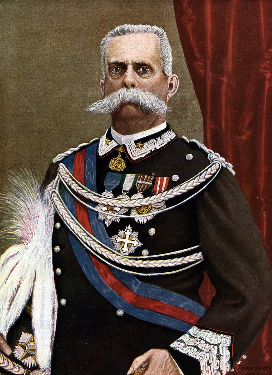 Porträtt av Humbert I kung av Italien (Umberto I) (1844-1900) Illustration av Tancredi Scarpelli (1866-1937) från "Storia d