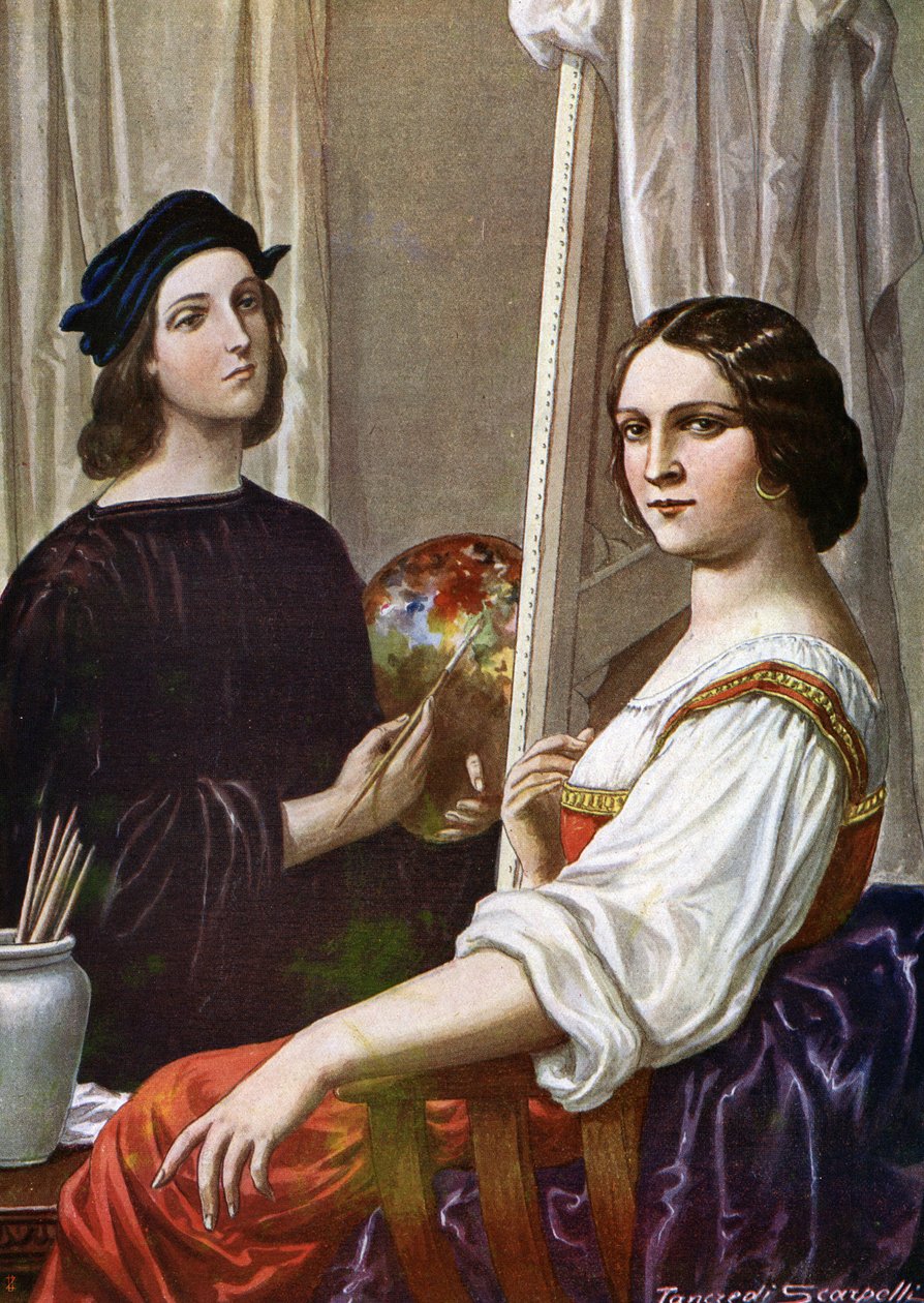 Porträtt av målaren Raphael (Raffaello Sanzio 1483 - 1520) som målar Fornarina (den italienska målaren Raphael och den unga damen kallad Fornarina) Illustration av Tancredi Scarpelli (1866-1937) från "Storia d