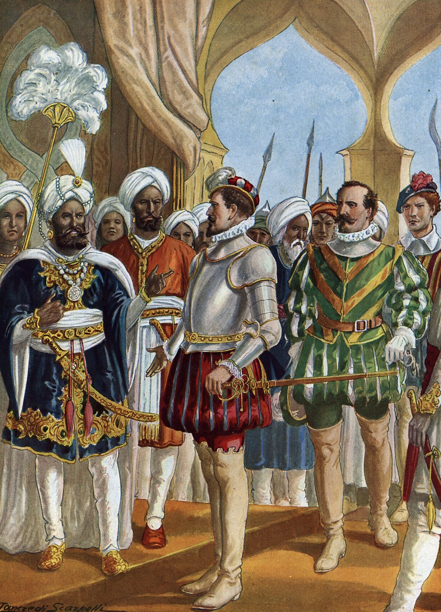 Den portugisiske navigatören Pedro Alvares Cabral (1460-1526) vid kungens (Zamorin) hov av Calicut (Kozhikode) den 13/09/1500 för att förhandla om inrättandet av en disk, Indien (den portugisiske navigatören Pedro Alvares Cabral förhandlade med Zamorin) Ca av Tancredi Scarpelli