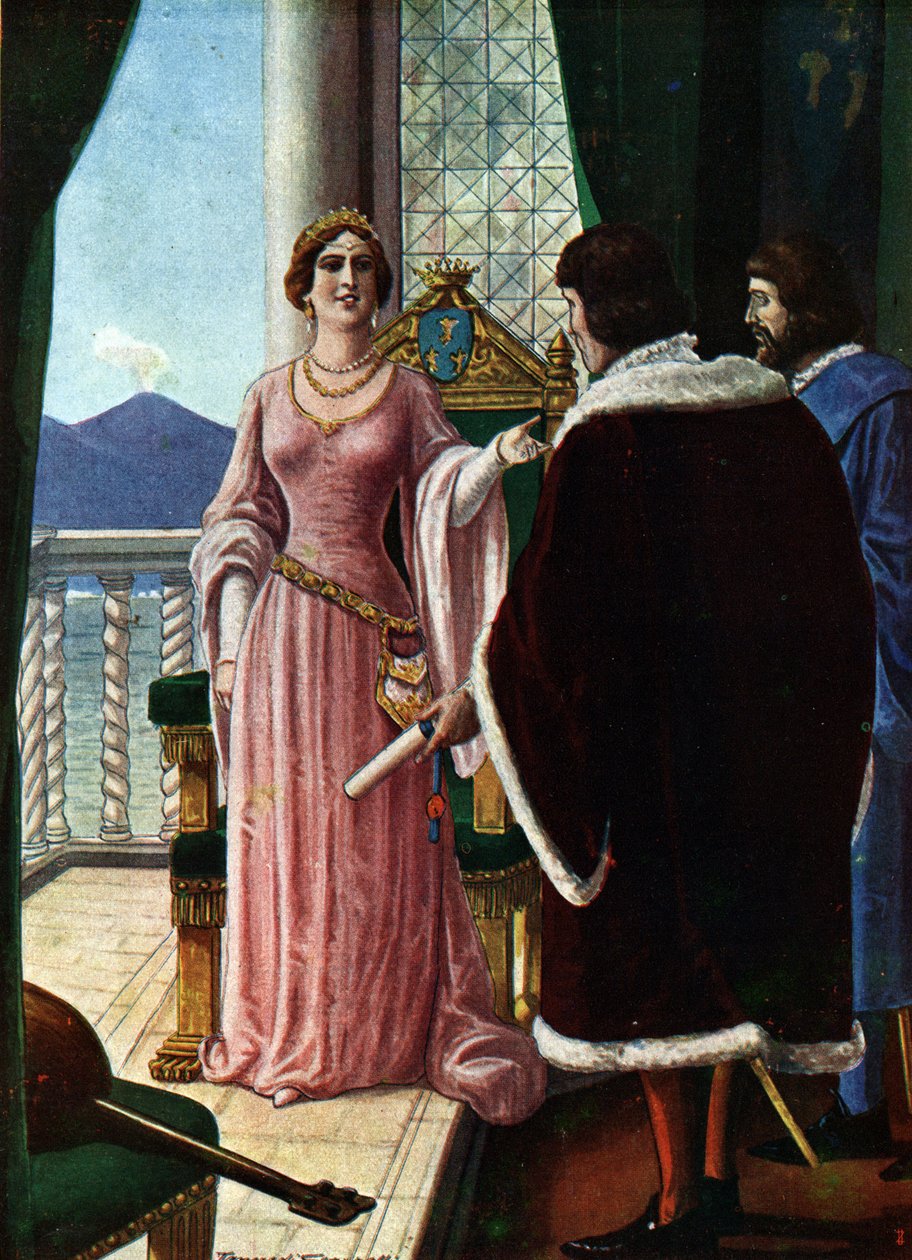 Drottning Joanna II av Neapel (Giovanna di Napoli eller Anjou Durazzo) (1373-1435) utser sin adoptivson Ludvig III av Anjou (1403-1434) Illustration av Tancredi Scarpelli (1866-1937) från "" Sto av Tancredi Scarpelli