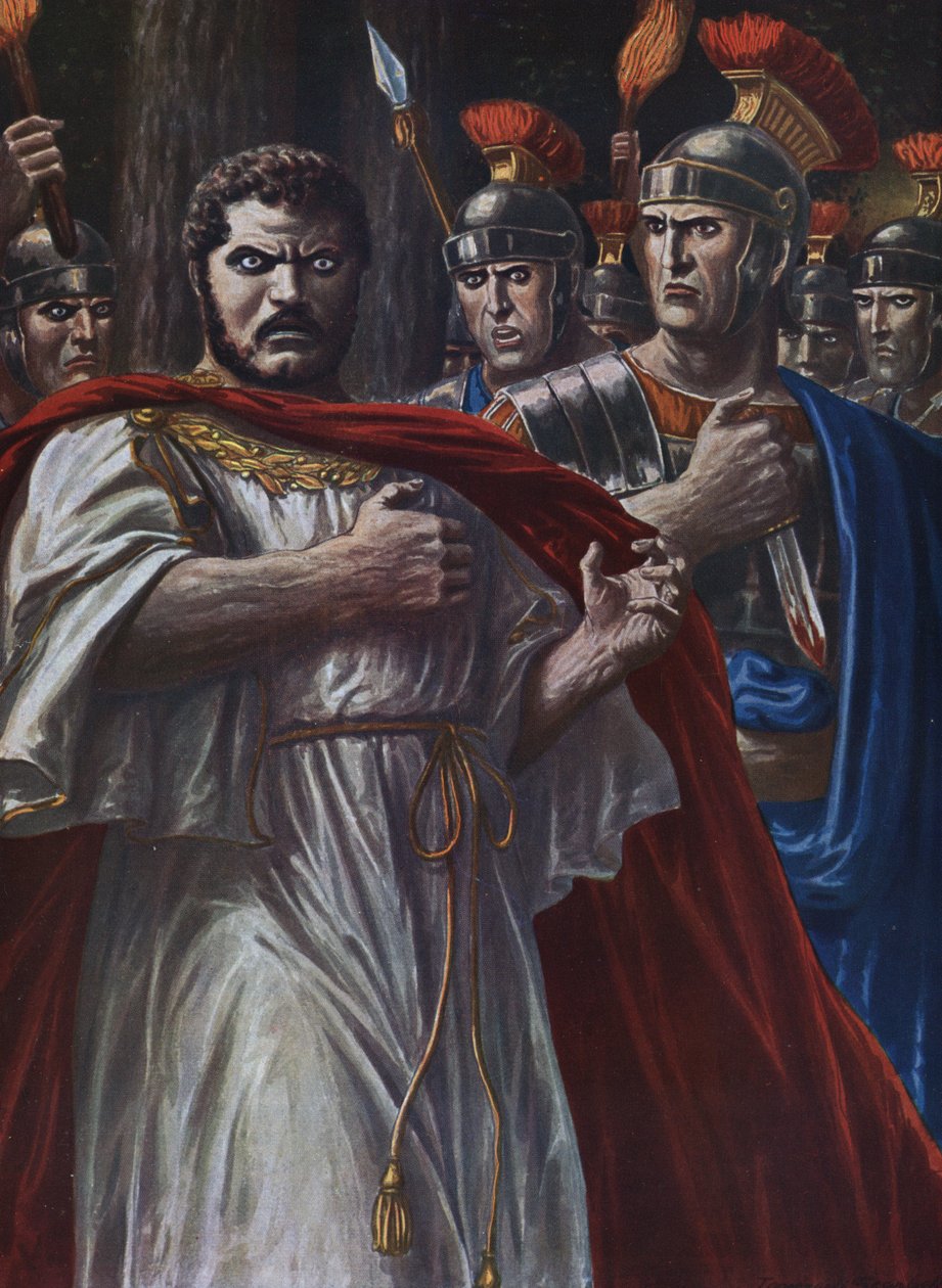 Romersk antiken: "" den romerske kejsaren Caracallas död, mördad nära Harran den 8 april 217, med ett svärd, av Martialis, en av officerarna för hans nära vakt"" (Mordet på Caracalla, romersk kejsare, av Julius Martialis, 217) Illustra av Tancredi Scarpelli