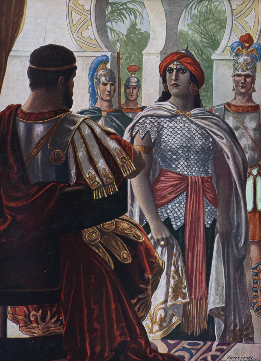 Romersk antikvitet: Imperatorn av Palmyra Septimia Bathzabbai Zenobie tillfångatagen av romerske kejsaren Aurelien, 272”” (Drottningen av Palmyrenska riket Zenobia fånge av den romerske kejsaren Aurelianus, 272 e.Kr.) Illustration av Tancredi Scarpelli tag av Tancredi Scarpelli