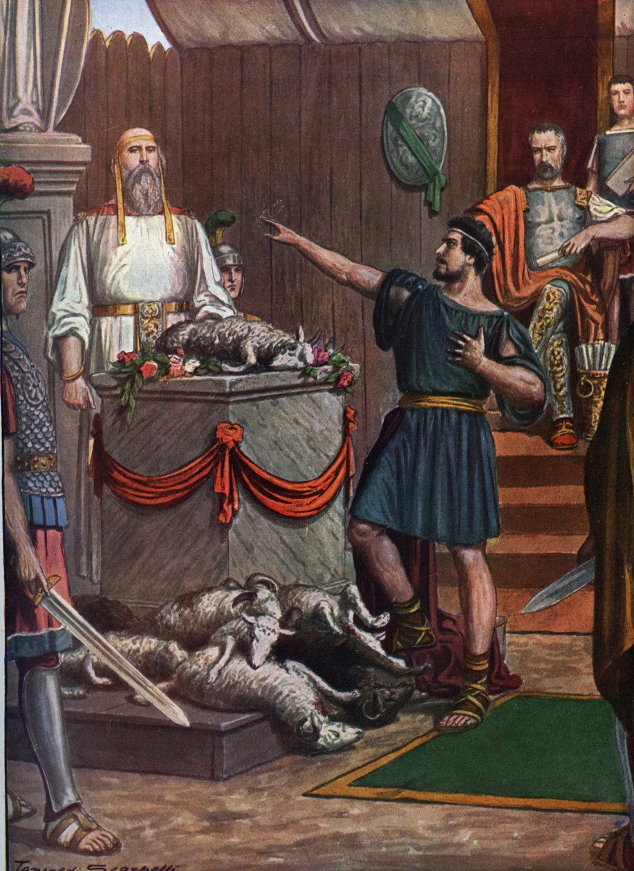 Romersk antiken, tredje samnitiska kriget: Samnitisk ceremoni och offer i hyllning till gudarna före slaget vid Aquilonia 293 f.Kr. Illustration av Tancred av Tancredi Scarpelli