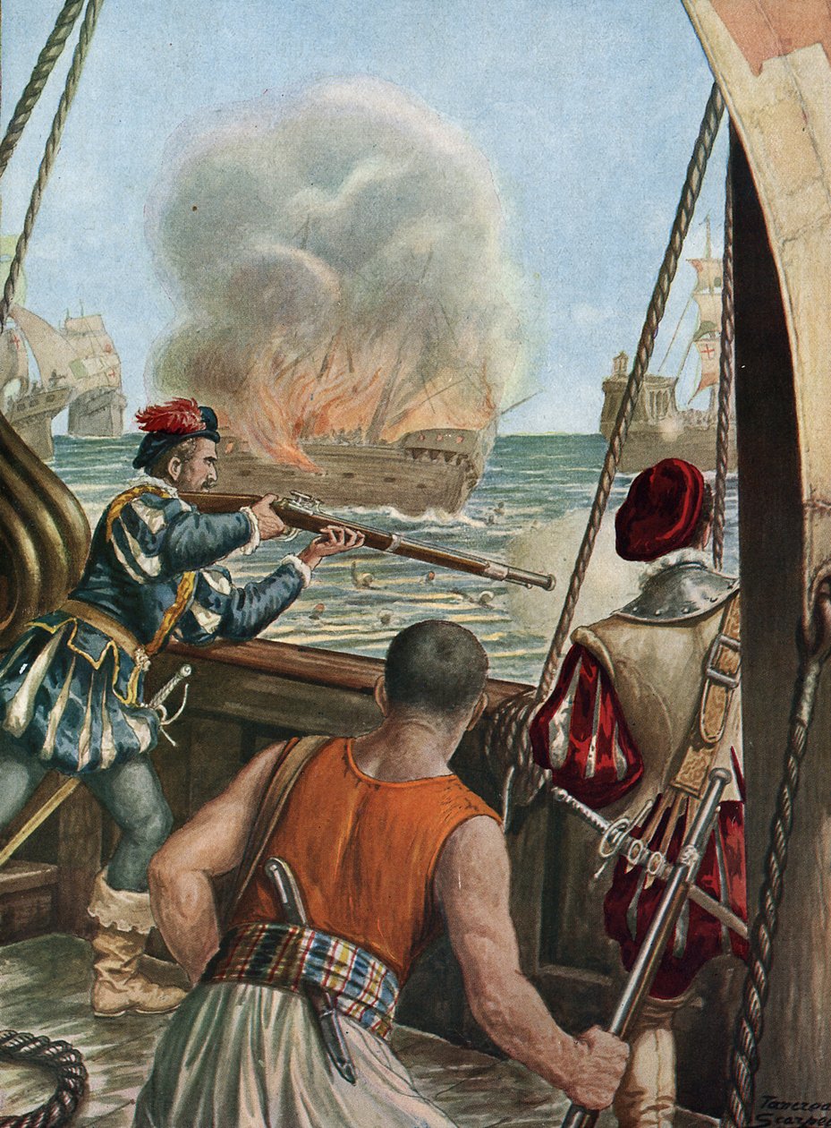 Andra expeditionen till Indien (1502-1503) "" Sjöstrid mellan den portugisiska flottan av Vasco de Gama och den i Calicut, portugiserna avfyrar det muslimska skeppet Miri laddar peleriner som återvänder från Mecka, 3/10/1502"" (andra resan av Vasco de Gama av Tancredi Scarpelli