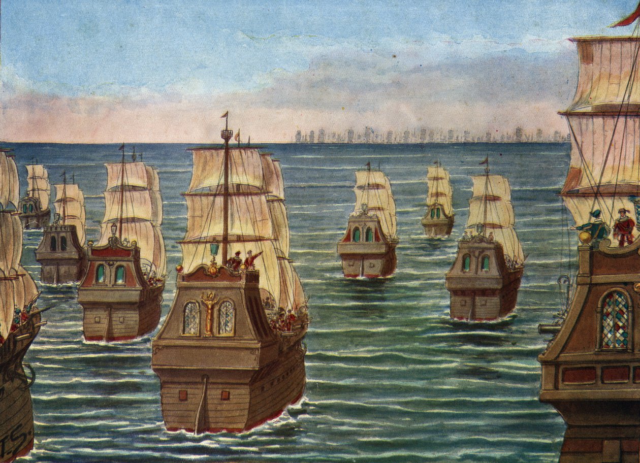 Slaget vid Cannanor ägde rum i mars 1506 utanför hamnen i Cannanore i Indien, mellan den indiska flottan av Samorin av Calicut och en portugisisk flotta under Lourenco de Almeida, son till vicekungen Almeida) Illustration av Tancredi Scarpelli i "" av Tancredi Scarpelli