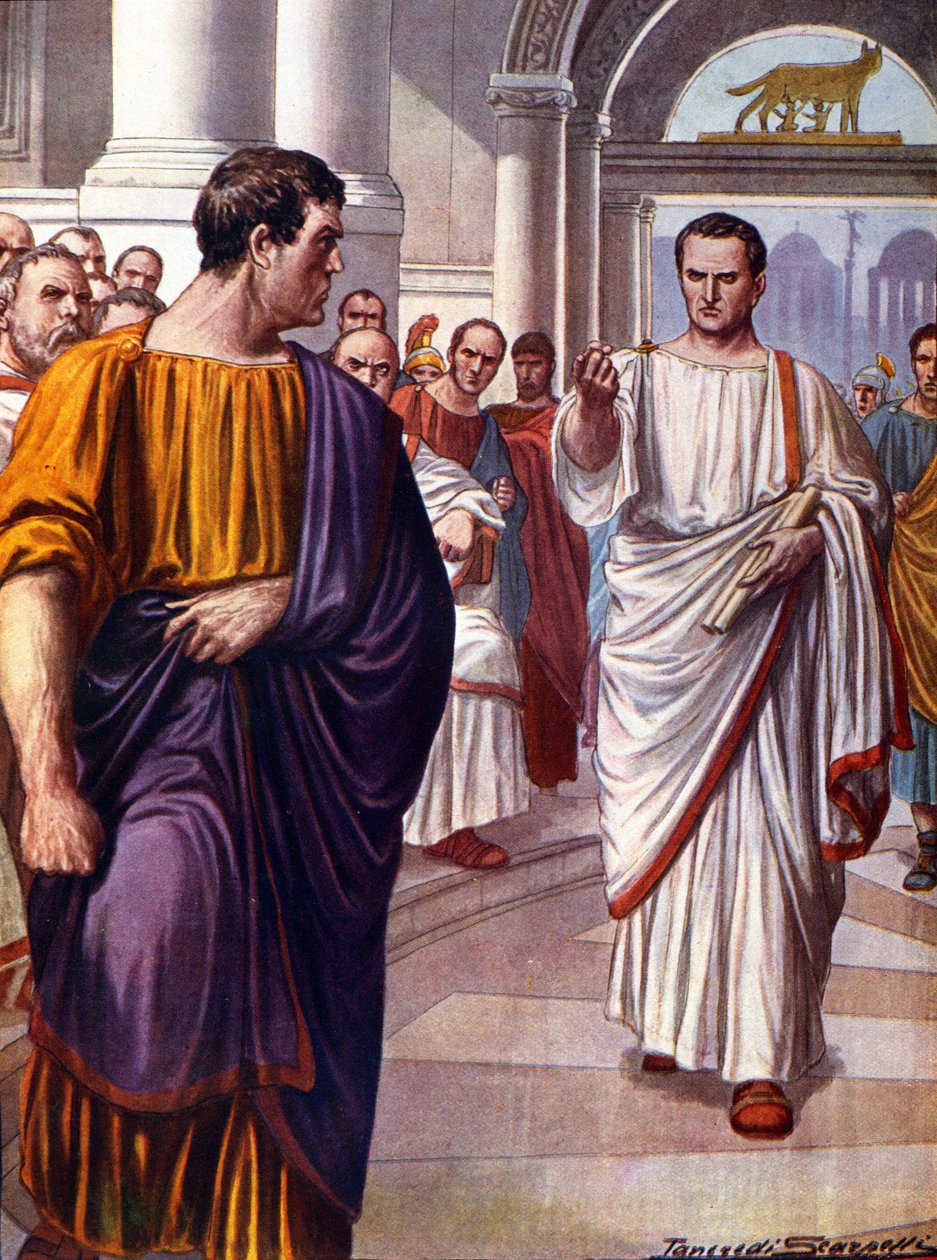 Den romerske statsmannen Ciceron (Marcus Tullius Cicero) (106-43 f.Kr.) korsar konspiratören Catilina (Lucius Sergius Catilina) (108-62 f.Kr.), som han fördömer 63 f.Kr. under catilinaries tal. Illustration av Tancredi Scarpelli (1866-1937) av Tancredi Scarpelli