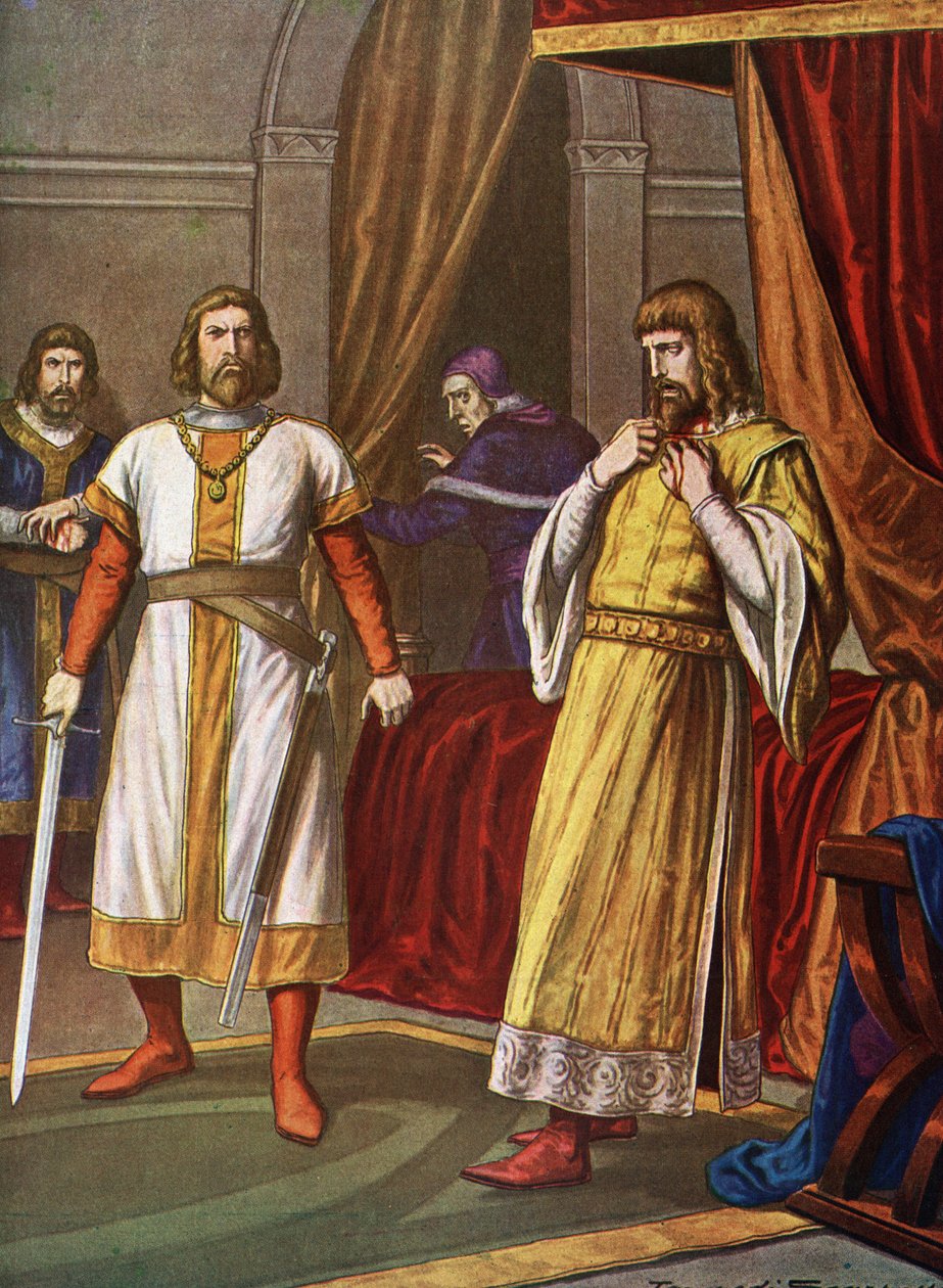 Mordet på prins Philip av Schwaben (1177-1208) den 21/06/1208 i Bamberg av Otton de Wittelsbach greve palatin av Baviere (mordet på Filip av Schwaben (Philipp von Schwaben) i Bamberg, den 21 juni 1208, av greve Otto VIII av Wittelsbach) I av Tancredi Scarpelli