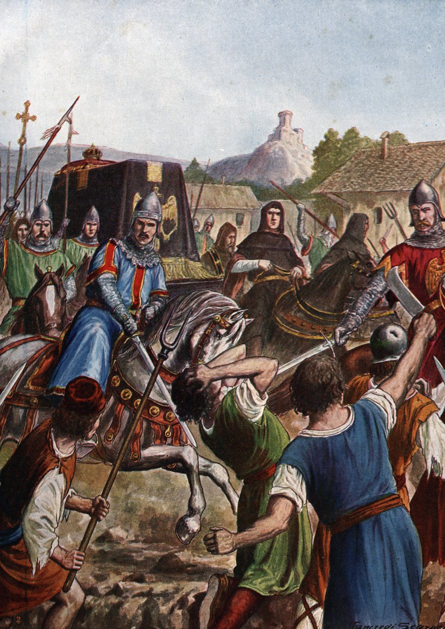 Begravningskåren för kejsar Otton (Othon) III av det heliga riket (980-1002) tar kvarlevorna genom Italien mot Aachen och kämpar i sin passage mot revolterade befolkningar (kistan till Otto III, den helige romerska kejsaren, som passerar genom folkmassor i av Tancredi Scarpelli