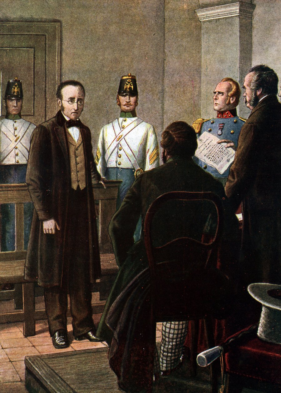 Läsningen av dombrevet som dömer Silvio Pellico (1789 - 1854) och Piero Maroncelli (1795 - 1846) till fängelse i fästningen Spielberg i Brno för deras tillhörighet till Carbonari-rörelsen (Charbonnerie eller carboneria) av Tancredi Scarpelli