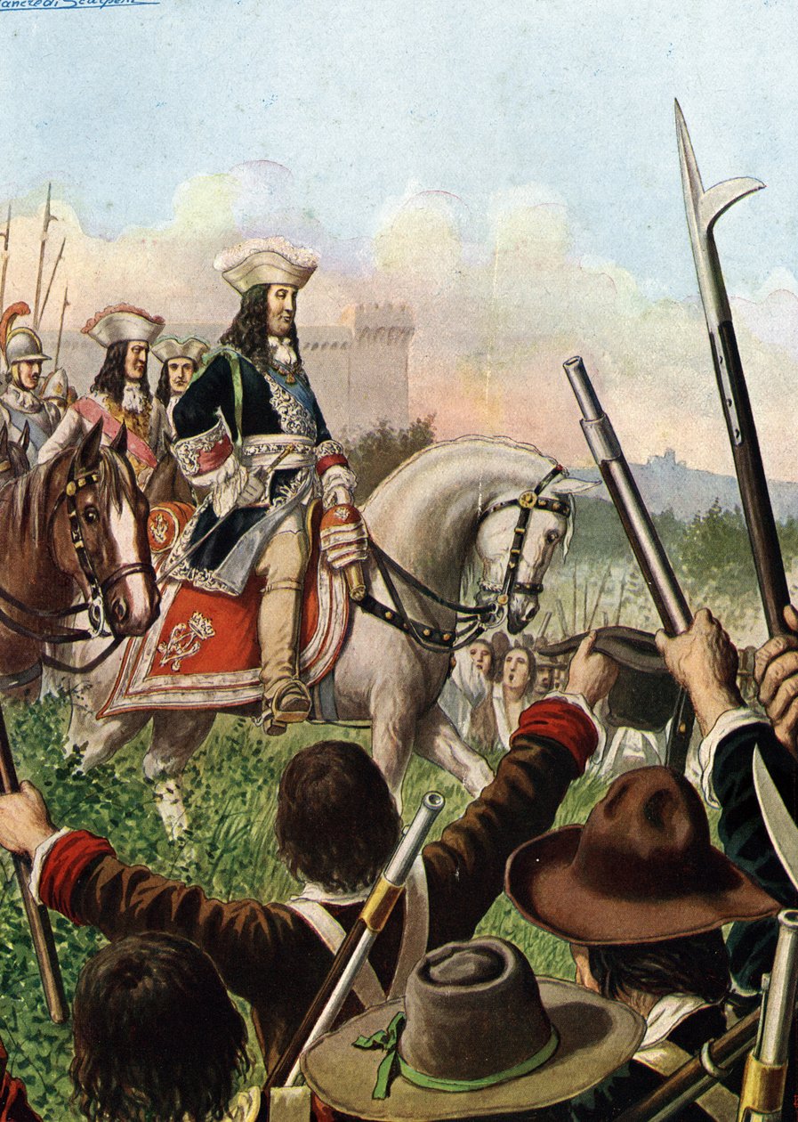 Spanska tronföljdskriget: Hertig Vittorio Amedeo (Victor Amedee) II av Savojen (1666-1732) förklarade krig mot Frankrike genom att alliera sig med Österrike 1703” (Spanska tronföljdskriget: Victor Amadeus II av Sardinien förklarar krig mot Frankrike, ca. 1 av Tancredi Scarpelli