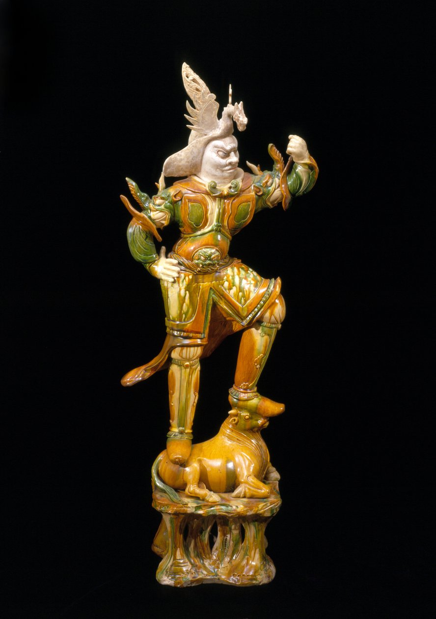 Guardian Figure (Lokapala), 618-906 (lergods med trefärgad glasyr) av Tang Dynasty Chinese School