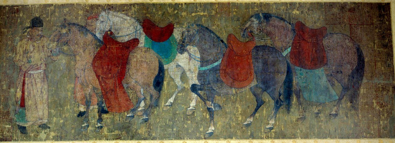 Kinesisk konst: "" två palefreniers som kör fyra hästar i ett imperialistiskt stall""" Fragment av en färgrulle i siden tillskriven Han Kan, målare av kejsar Hiuan tsongs hov (712-756). Tang period. Dämpa. 50x141 cm Paris musee Cernuschi av Tang Dynasty Chinese School