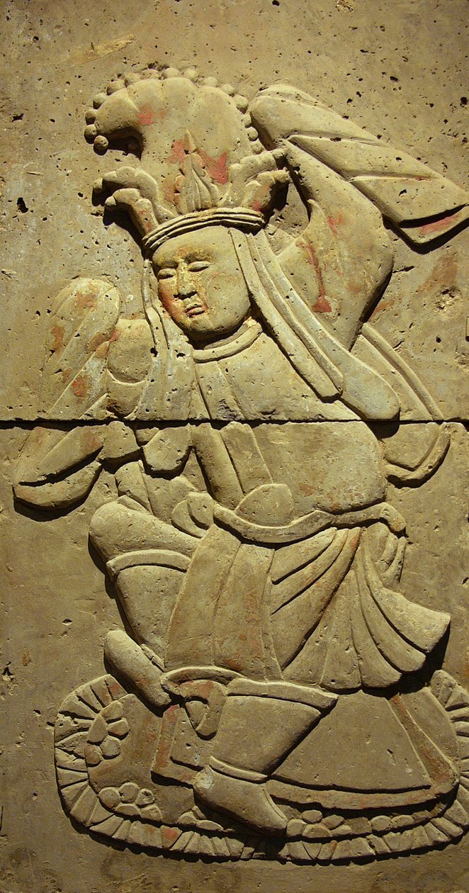 Terrakottastele med dansare, Tangdynastin (618-907), upptäckt i Shaanxi-provinsen, Steles Forest Museum i Xian. Fotografi, Leonard de Selva, Kina, 2006. av Tang Dynasty Chinese School