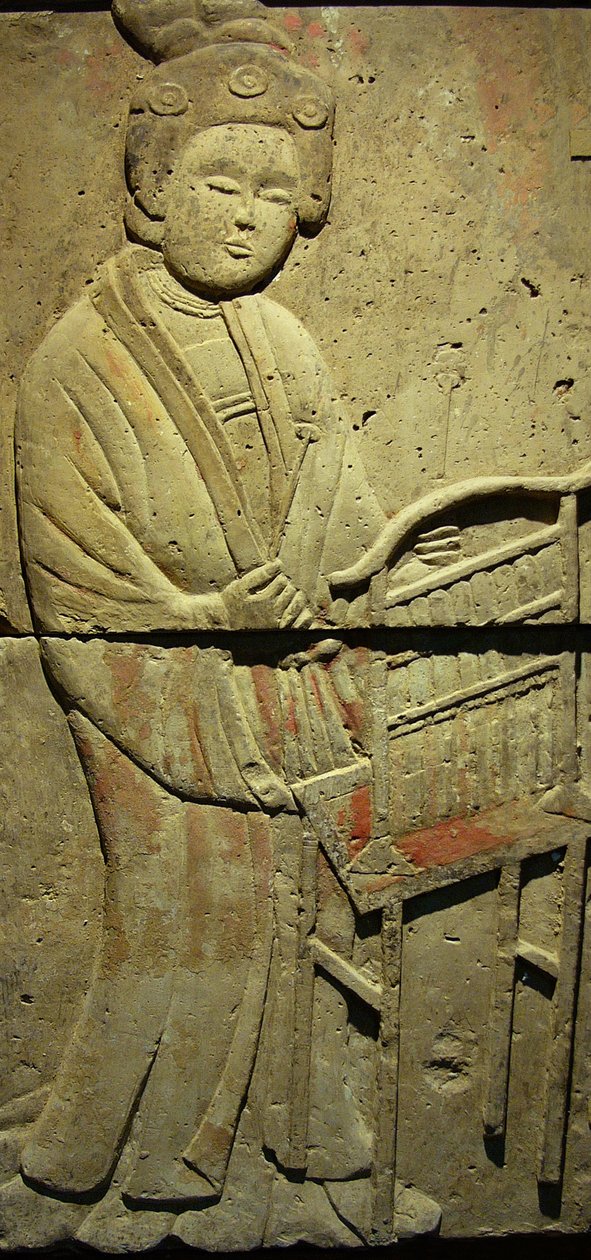 Terrakottastele med musiker, Tangdynastin (618-907), upptäckt i Shaanxi-provinsen, Steles Forest Museum i Xian. Fotografi, Leonard de Selva, Kina, 2006. av Tang Dynasty Chinese School