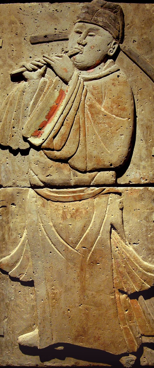 Terrakottastele med musiker, Tangdynastin (618-907), upptäckt i Shaanxi-provinsen, Steles Forest Museum i Xian. Fotografi, Leonard de Selva, Kina, 2006. av Tang Dynasty Chinese School