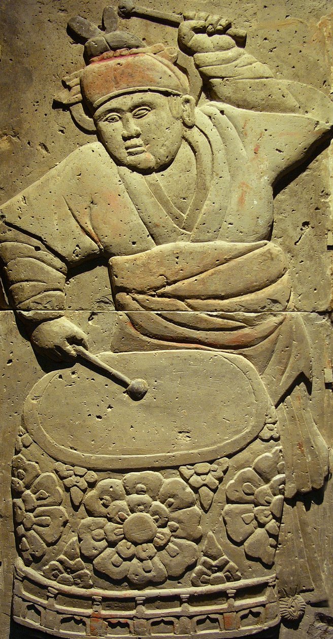 Terrakottastele med musiker, Tangdynastin (618-907), upptäckt i Shaanxi-provinsen, Steles Forest Museum i Xian. Fotografi, Leonard de Selva, Kina, 2006. av Tang Dynasty Chinese School