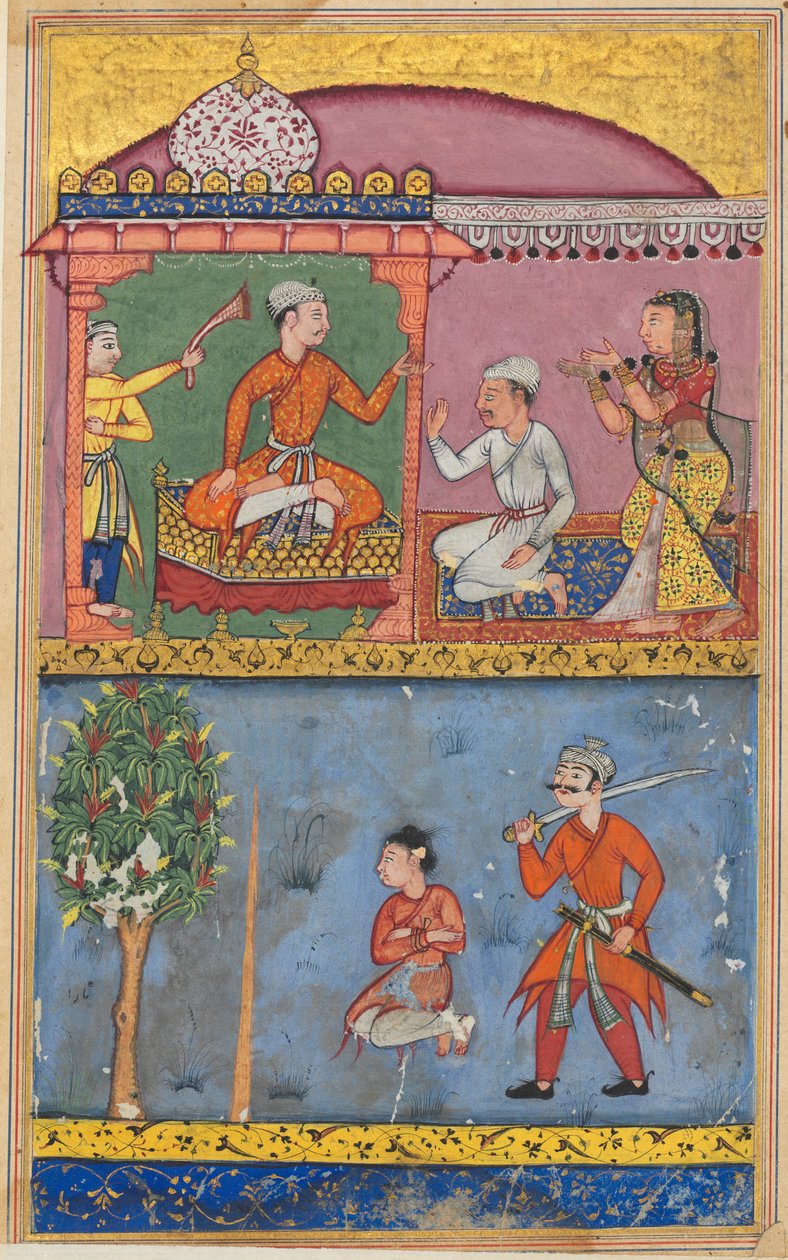 Sida från Tales of a Papegoja Tuti-nama: Åttonde natten: Tjänarinnan vädjar..., ca. 1560. av Tara Chand