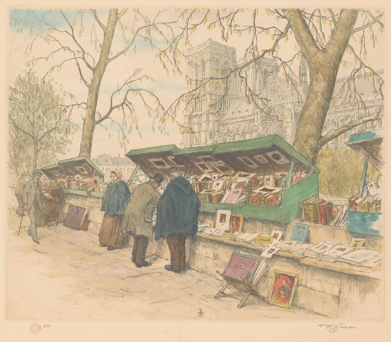 Bokstånd på Quai de Montebello, Notre-Dame i bakgrunden av Tavík František Šimon (signed by artist)