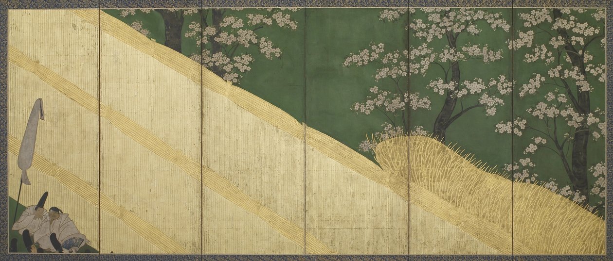 Körsbärsblommor, högt staket och hållare, Edo-period, 1590-1640 (färg och guld på papper) av Tawaraya Sotatsu