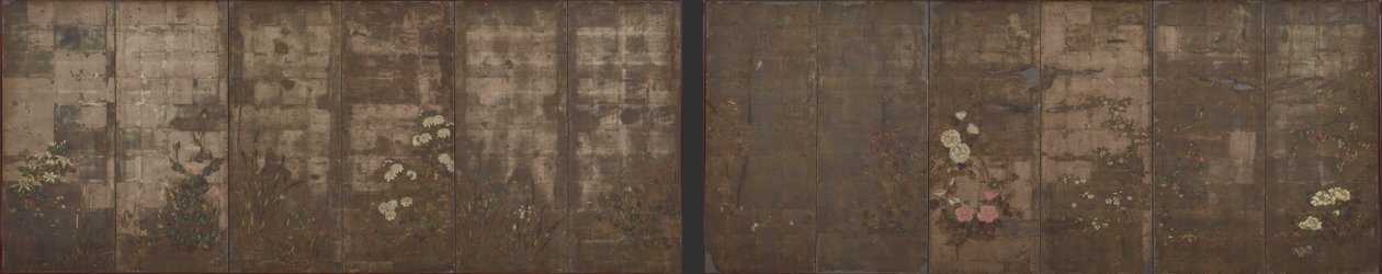 Årstidernes blomster, skærme (seks paneler), 1600-1630 (farve over sølv på papir) sverige av Tawaraya Sotatsu