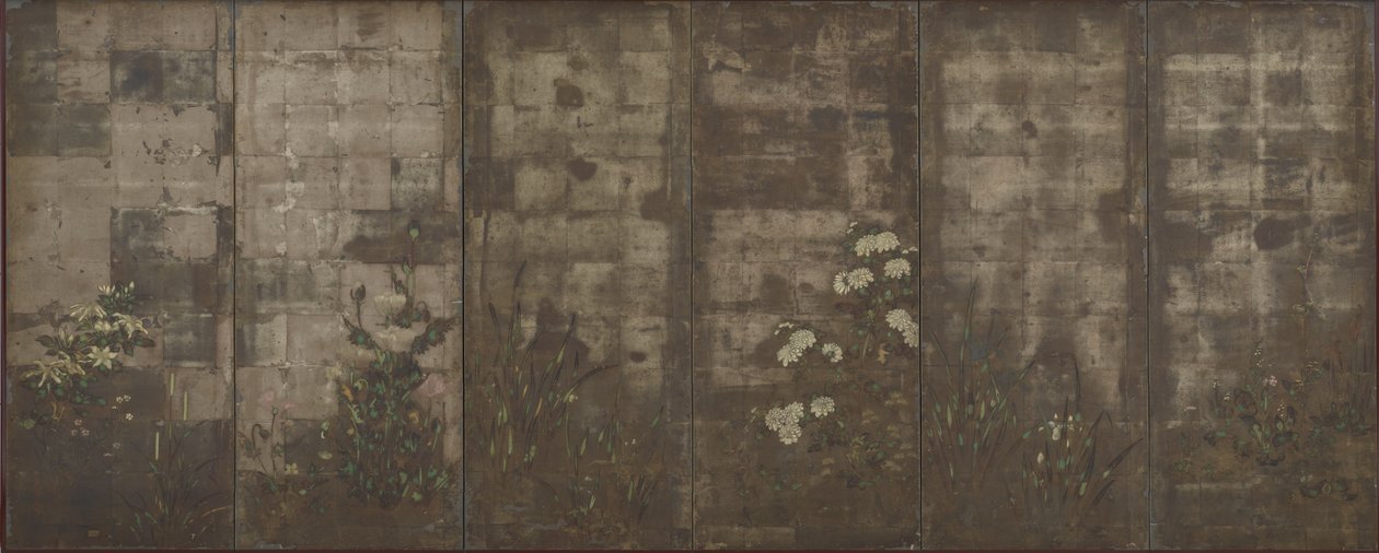 Årstidernes blomster, skærme (seks paneler), 1600-30 (farve over sølv på papir) swed av Tawaraya Sotatsu