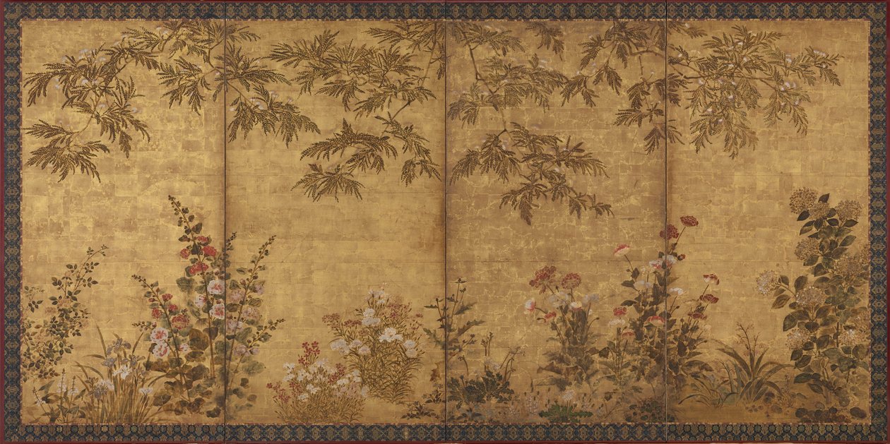Mimosaträd, vallmo och andra sommarblommor, Edo-perioden, 1630-1670. av Tawaraya Sosetsu