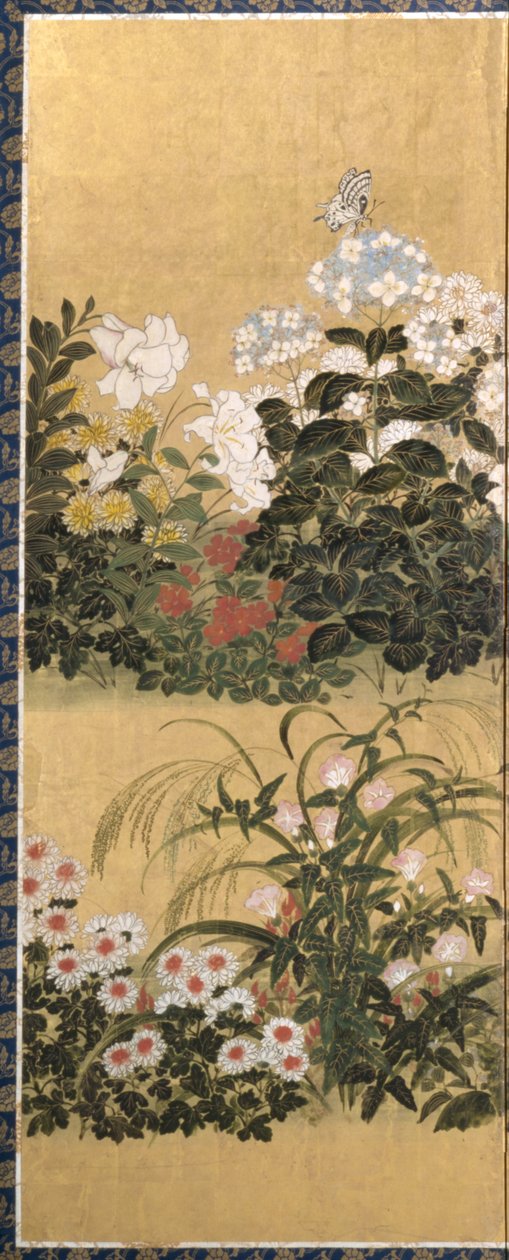 Blommor och fjärilar (bläck, färg och bladguld på papper) av Tawaraya Sotatsu