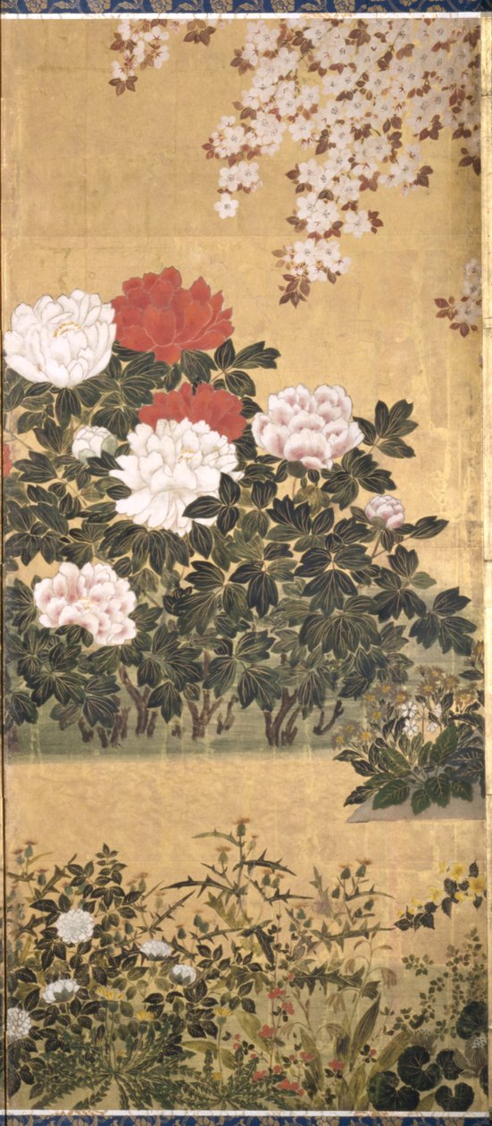 Blommor och fjärilar (bläck, färg och guldblad på papper) av Tawaraya Sotatsu